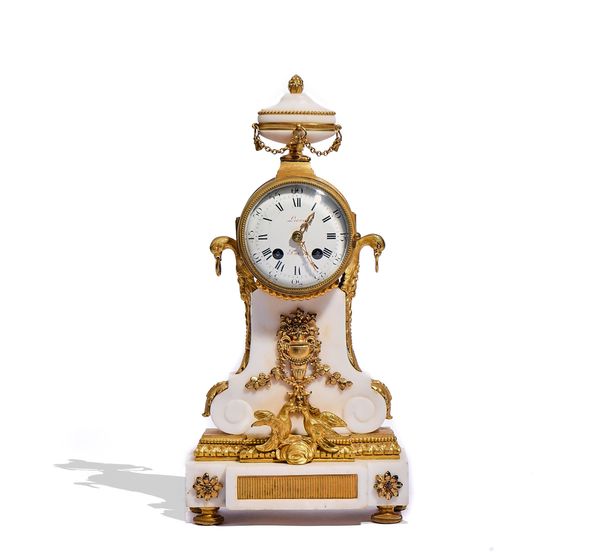 A NAPOLEON III ORMOLU-MOUNTED WHITE MARBLE MANTEL CLOCK