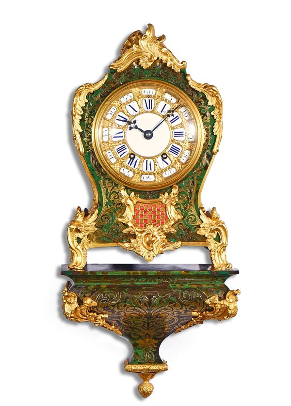 A FRENCH GREEN STAINED AND CUT-BRASS INLAID BRACKET CLOCK AND BRACKET