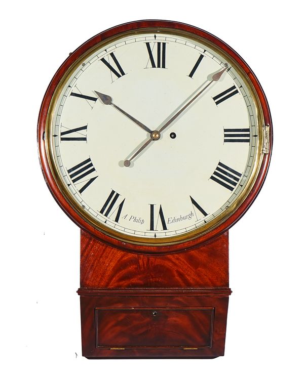 A MAHOGANY DROP-DIAL WALL TIMEPIECE