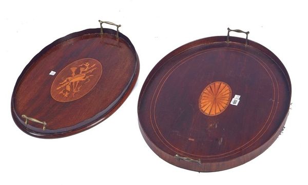 AN EDWARDIAN INLAID MAHOGANY OVAL SERVING TRAY (2)