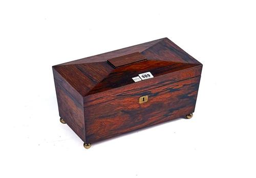 A REGENCY ROSEWOOD SARCOPHAGUS SHAPED TEA-CADDY