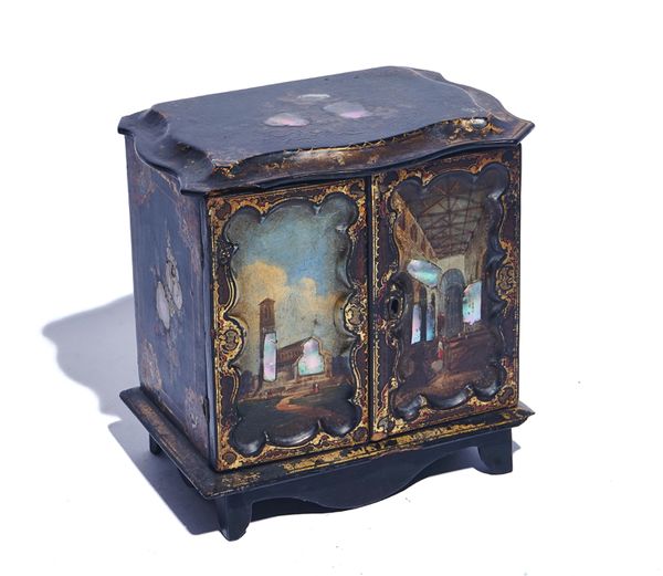 A VICTORIAN MOTHER-OF-PEARL INLAID AND POLYCHROME PAINTED PAPIER-MACHE TABLE CABINET