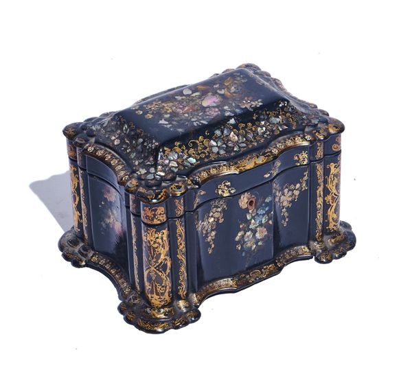 A VICTORIAN MOTHER-OF-PEARL INLAID FLORAL POLYCHROME PAINTED SHAPED RECTANGULAR TEA-CADDY