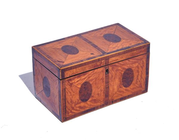 A GEORGE III KINGWOOD BANDED SATINWOOD AND BURR ELM RECTANGULAR TEA CADDY