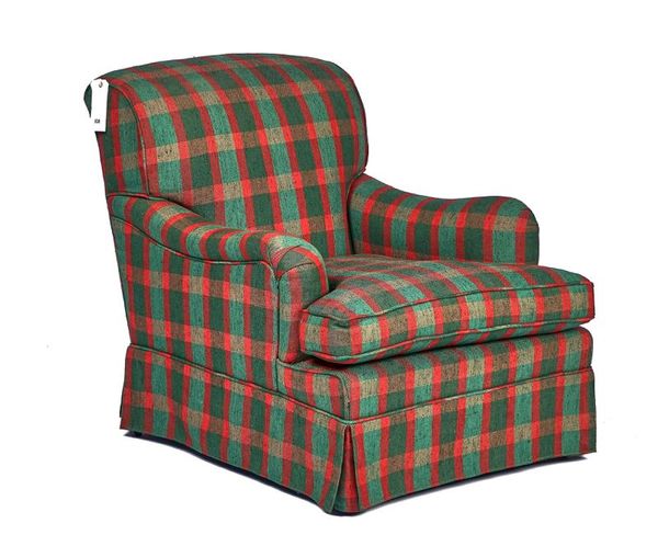 A TARTAN UPHOLSTERED EASY ARMCHAIR