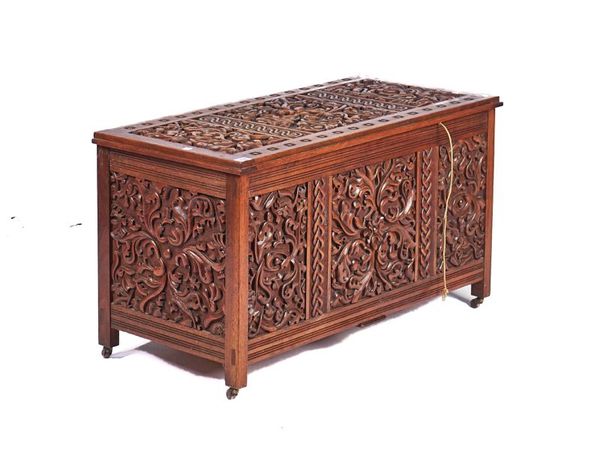 AN EARLY 20TH CENTURY TEAK RECTANGULAR TRUNK