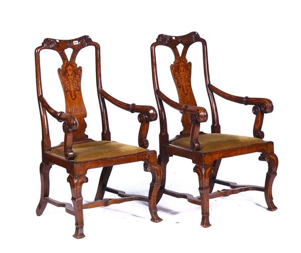 A PAIR OF QUEEN ANNE STYLE INLAID WALNUT VASE BACK OPEN ARMCHAIRS (2)