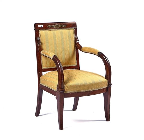 A FRENCH LATE EMPIRE GILTMETAL-MOUNTED MAHOGANY OPEN ARMCHAIR