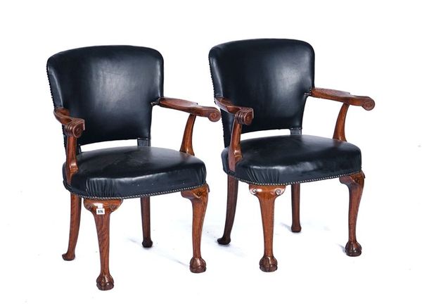 A PAIR OF GEORGE II STYLE  OAK FRAMED TUB BACK OPEN ARMCHAIRS