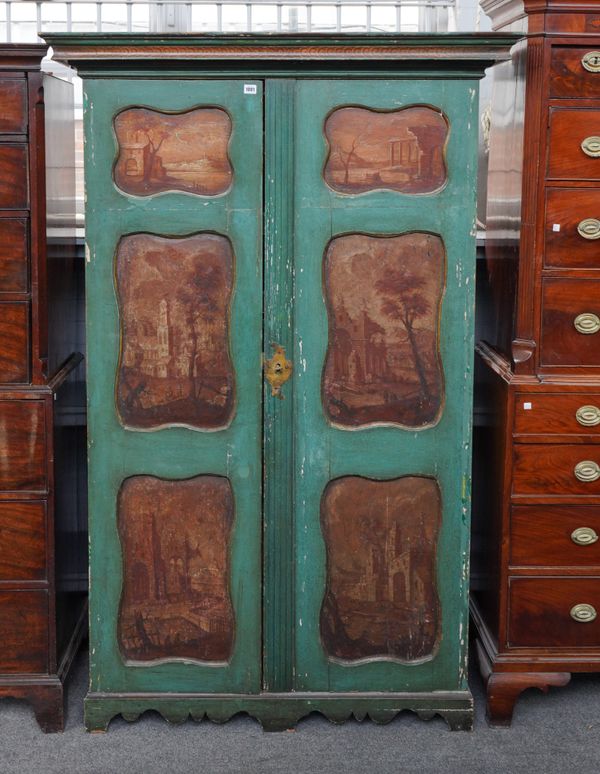 AN UNUSUAL GREEN POLYCHROME PAINTED TWO DOOR LINEN PRESS