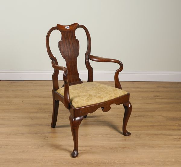 A GEORGE II MAHOGANY VASE BACK OPEN ARMCHAIR