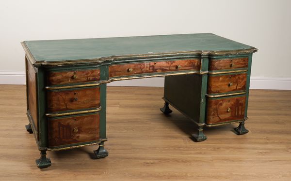 A MID-20TH CENTURY POLYCHROME PAINTED PARCEL-GILT SEVEN DRAWER WRITING DESK