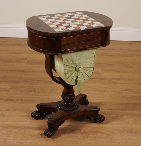 A REGENCY ROSEWOOD WORK TABLE WITH LATER SPECIMEN MARBLE CHESSBOARD TOP