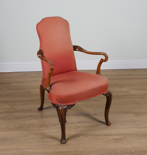 A QUEEN ANNE STYLE WALNUT FRAMED SHEPHERD'S CROOK OPEN ARMCHAIR
