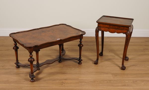 A QUEEN ANNE STYLE FIGURED WALNUT SHAPED RECTANGULAR LIFT-OFF TRAY TOP COFFEE TABLE (2)