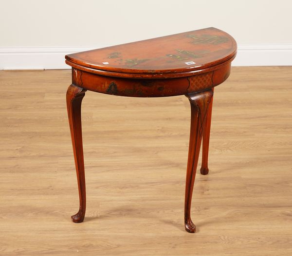 A QUEEN ANNE STYLE SCARLET LACQUERED CHINOISERIE DECORATED FOLD OVER GAMES TABLE