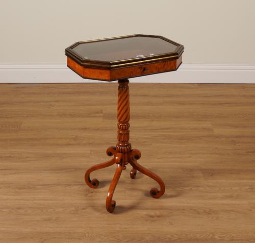 A 19TH CENTURY BRASS MOUNTED ROSEWOOD AND SATINWOOD CANTED RECTANGULAR BIJOUTERIE TABLE