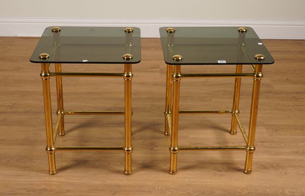 A PAIR OF MID-20TH CENTURY SMOKED GLASS AND BRASS SQUARE OCCASIONAL TABLES (2)