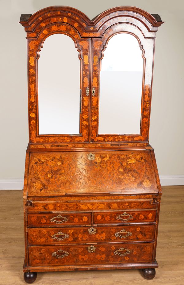 AN 18TH CENTURY FLORAL MARQUETRY INLAID WALNUT DOUBLE DOME TOP BUREAU CABINET WITH EXTENSIVE FITTED INTERIOR