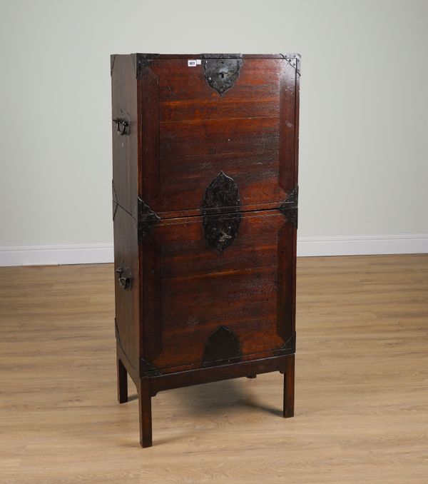 AN 18TH CENTURY IRON-BOUND OAK DOUBLE FALL FRONT CABINET-ON-STAND