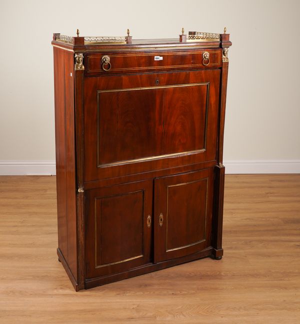 A FRENCH EMPIRE BRASS INLAID MAHOGANY AND OAK SECRETAIRE