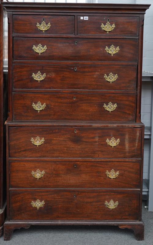 A GEORGE III MAHOGANY SECRETAIRE CHEST ON CHEST