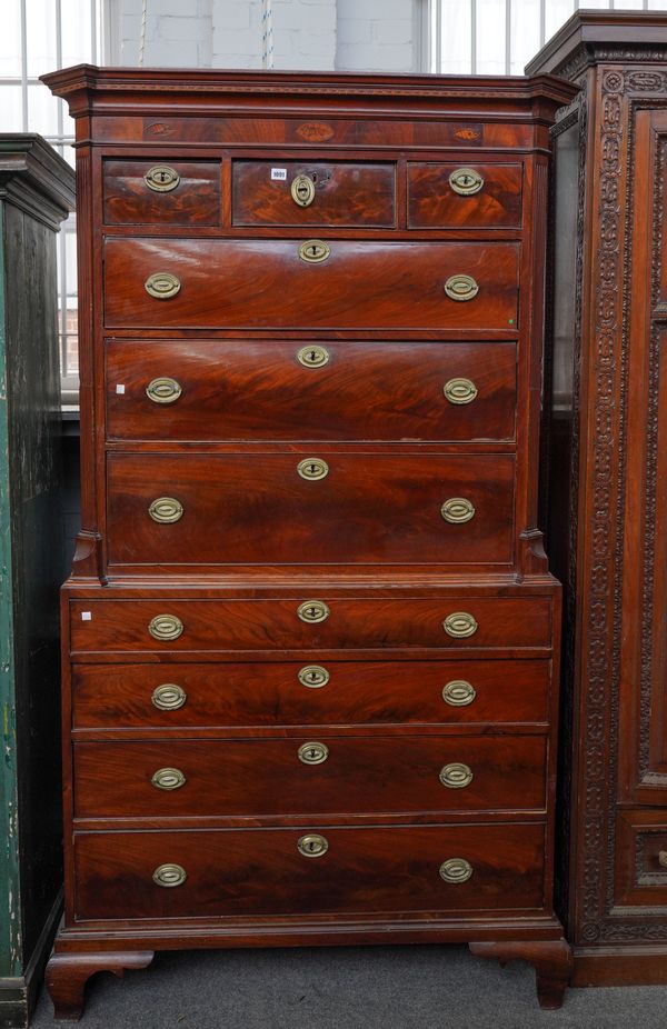 AN 18TH CENTURY INLAID MAHOGANY TEN DRAWER CHEST ON CHEST