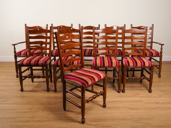 A SET OF TEN 18TH CENTURY STYLE ASH AND OAK LADDER BACK DINING CHAIRS (10)