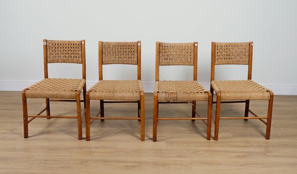 20TH CENTURY DESIGN; A SET OF FOUR RATTAN STAINED BEECH FRAMED DINING CHAIRS (4)