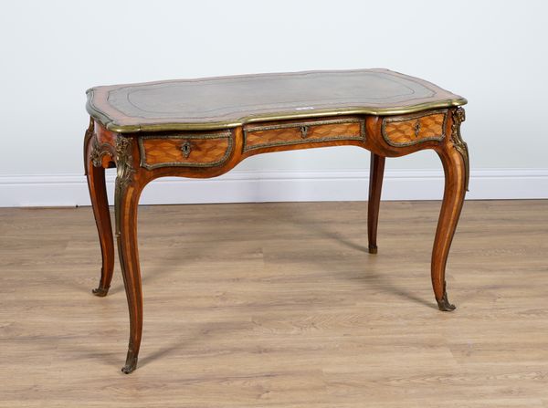 A LATE 19TH CENTURY FRENCH GILT-METAL MOUNTED PARQUETRY INLAID KINGWOOD BUREAU PLAT