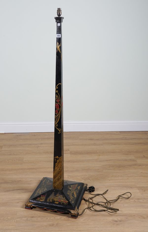 A BLACK LACQUER CHINOISERIE DECORATED STANDARD LAMP