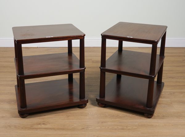 A PAIR OF LATE 20TH CENTURY MAHOGANY THREE TIER ETAGERES (2)