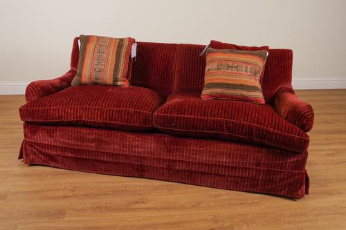 A 20TH CENTURY RED VELOUR UPHOLSTERED DEEP SEAT SOFA (5)