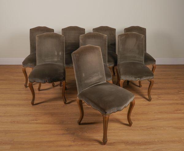 A SET OF FOURTEEN LOUIS XV STYLE BEECH FRAMED SAGE GREEN VELVET UPHOLSTERED DINING CHAIRS (14)