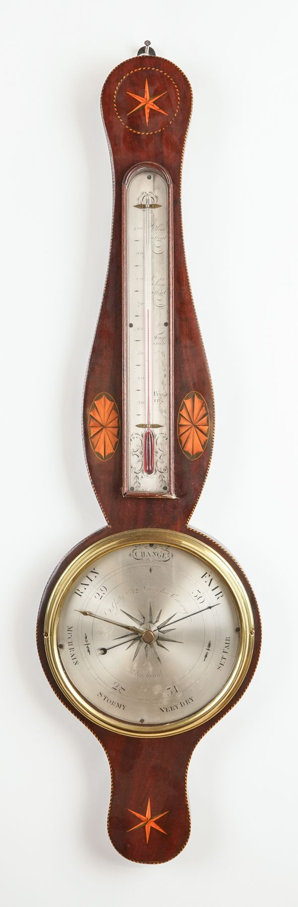 A GEORGE III MAHOGANY SHELL-INLAID AND CHEQUER-STRUNG WHEEL BAROMETER