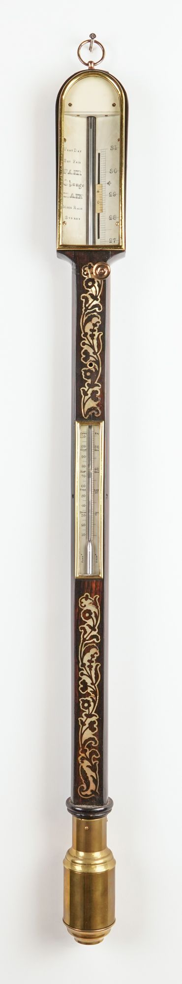 A VICTORIAN BRASS-MOUNTED ROSEWOOD AND MOTHER-OF-PEARL INLAID MARINE BAROMETER (2)