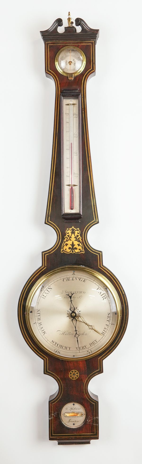 A VICTORIAN ROSEWOOD AND BRASS INLAID WHEEL BAROMETER