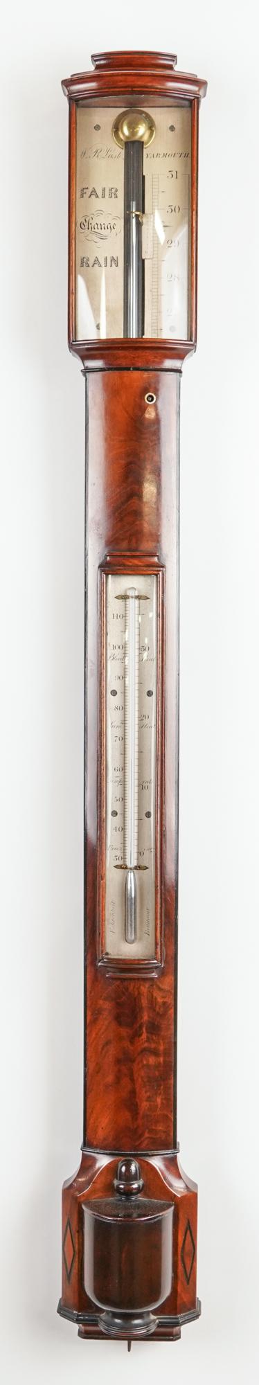 A REGENCY MAHOGANY AND OUTLINED BOW-FRONT STICK BAROMETER
