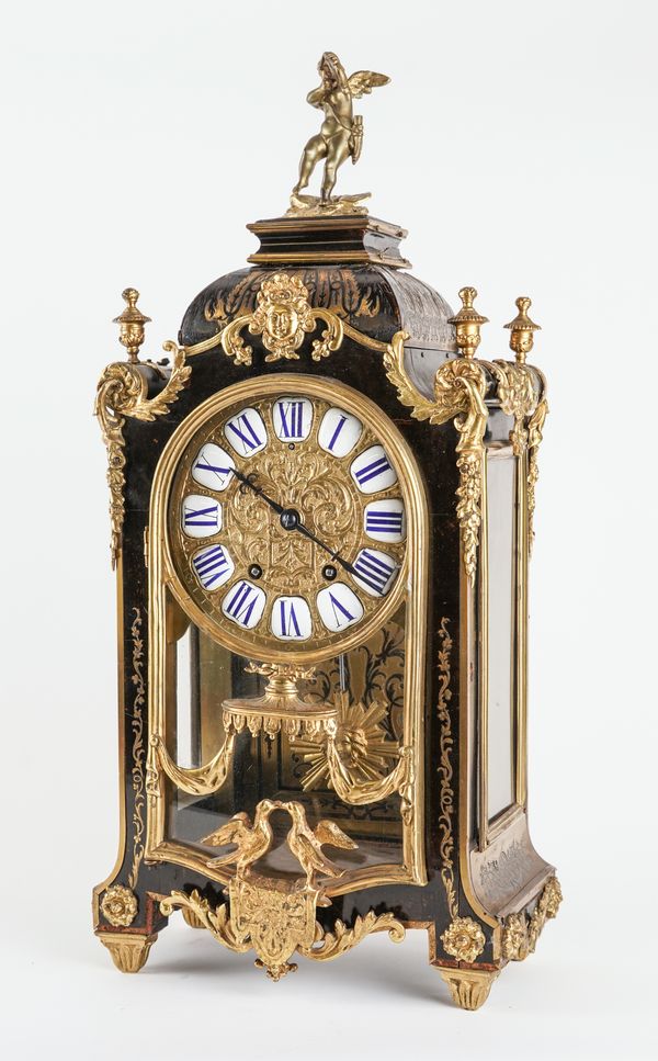 A FRENCH ORMOLU-MOUNTED TORTOISESHELL AND BOULLE-WORK MANTEL CLOCK