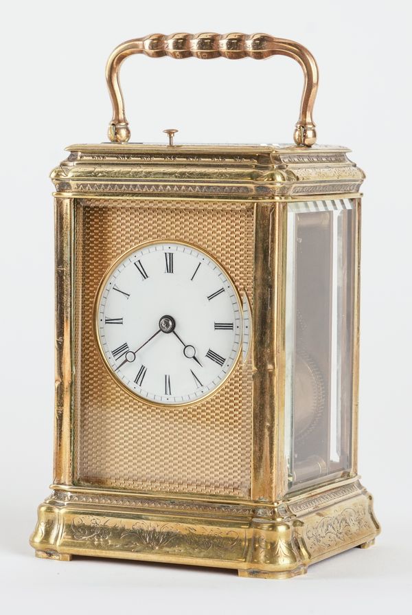 A FRENCH ENGRAVED GORGE CASED CARRIAGE CLOCK WITH PUSH REPEAT