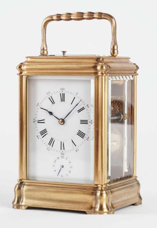 A FRENCH GILT-BRASS GORGE CASED GRANDE SONNERIE STRIKING CARRIAGE CLOCK WITH PUSH REPEAT AND ALARM