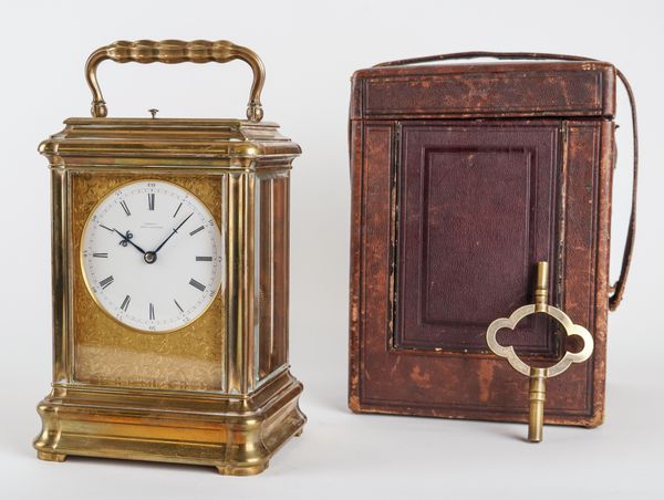 A RARE FRENCH BRASS ‘GIANT’-SIZE GORGE CASED CARRIAGE CLOCK WITH PUSH REPEAT, AND WITH ORIGINAL OVER-SIZE KEY AND CASE