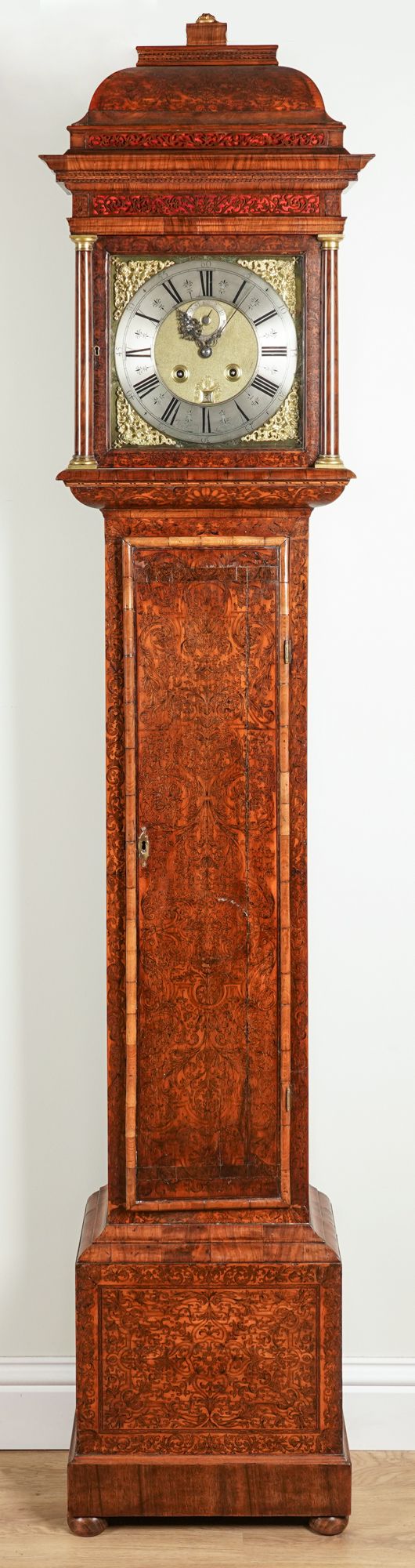 A MONTH-GOING SEAWEED MARQUETRY WALNUT LONGCASE CLOCK