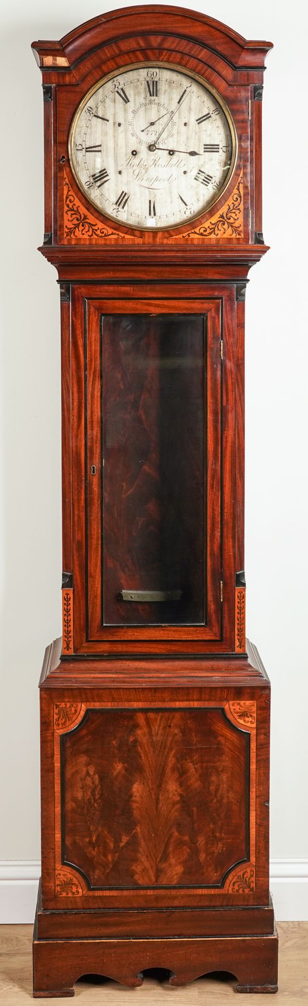 A REGENCY MAHOGANY, OUTLINED AND MARQUETRY INLAID DOMESTIC REGULATOR