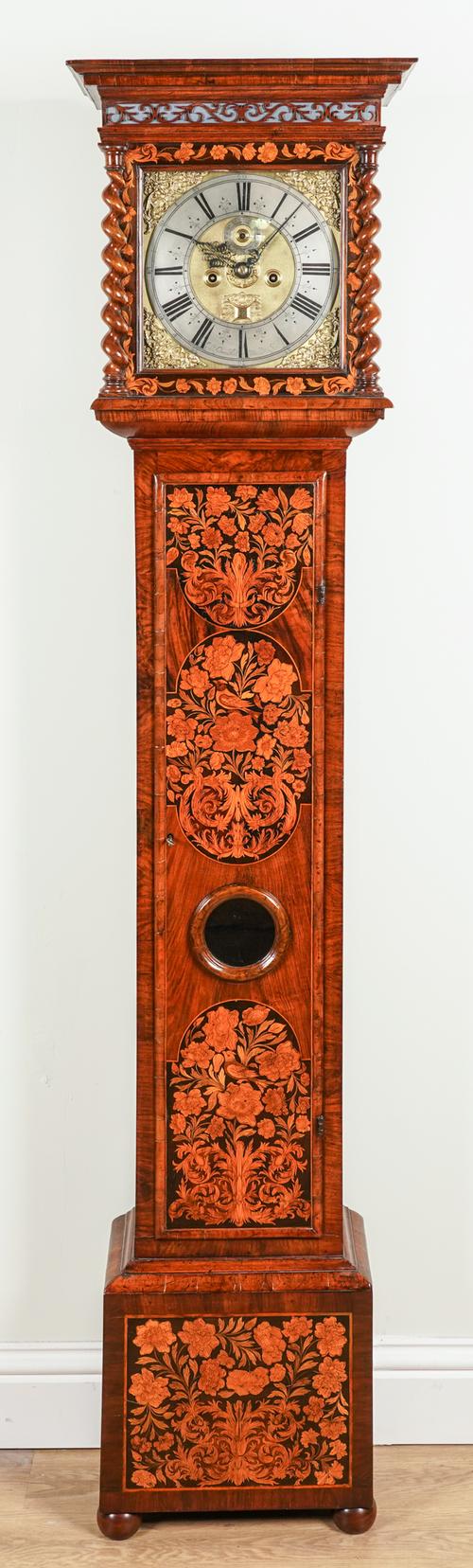 A WILLIAM AND MARY WALNUT AND MARQUETRY LONGCASE CLOCK