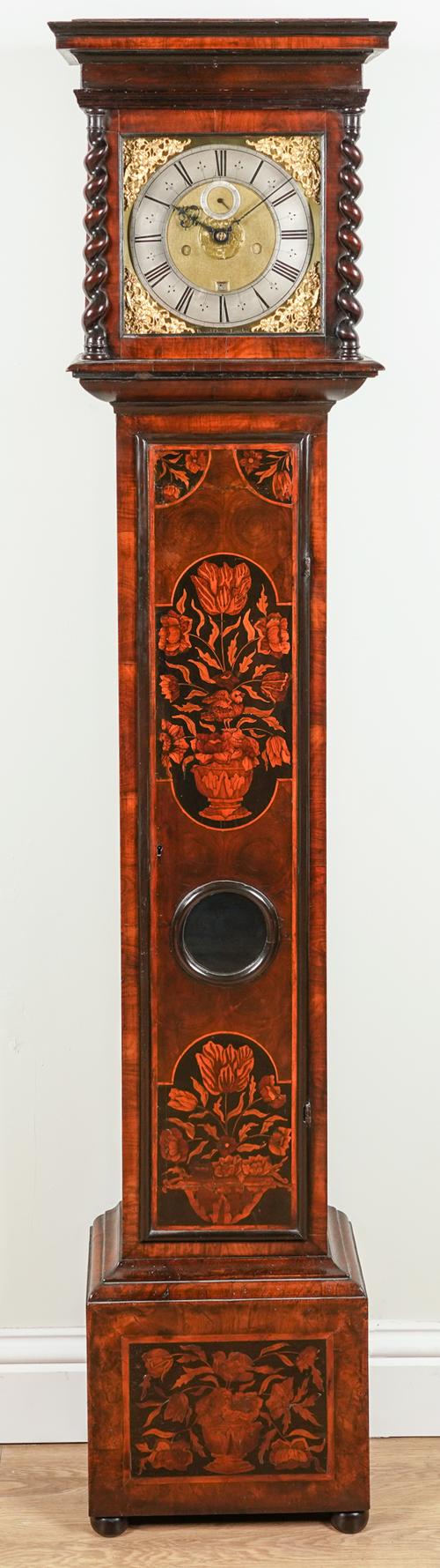 A CHARLES II WALNUT, OYSTER VENEERED AND MARQUETRY LONGCASE CLOCK WITH 10” DIAL AND BOLT-AND-SHUTTER MAINTAINING POWER