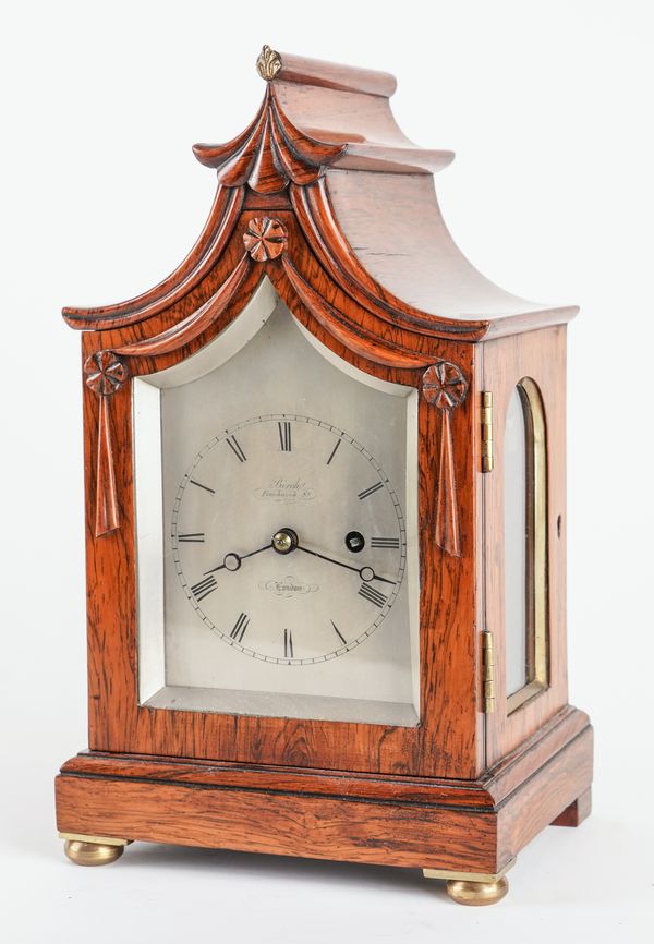 A SMALL EARLY VICTORIAN PALE ROSEWOOD MANTEL TIMEPIECE