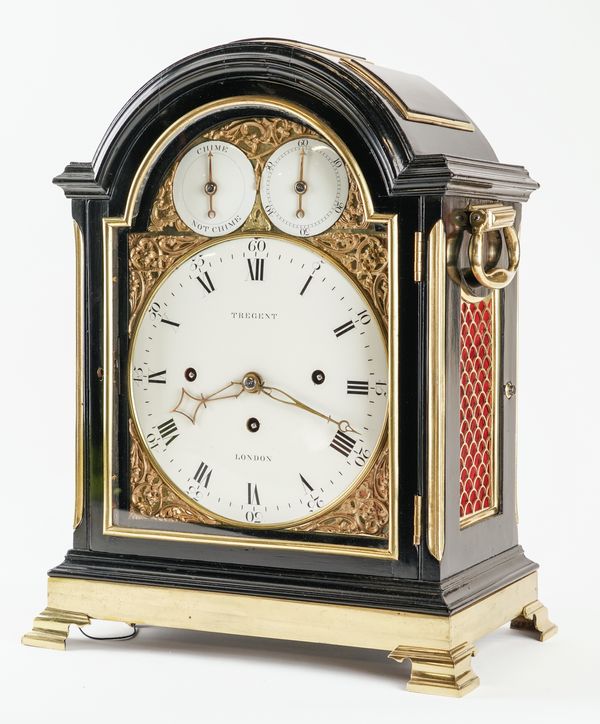 A FINE GEORGE III BRASS-MOUNTED TRIPLE-PAD TOP EBONISED THREE-TRAIN QUARTER CHIMING AND STRIKING VERGE BRACKET CLOCK WITH PULL-REPEAT AND BRACKET