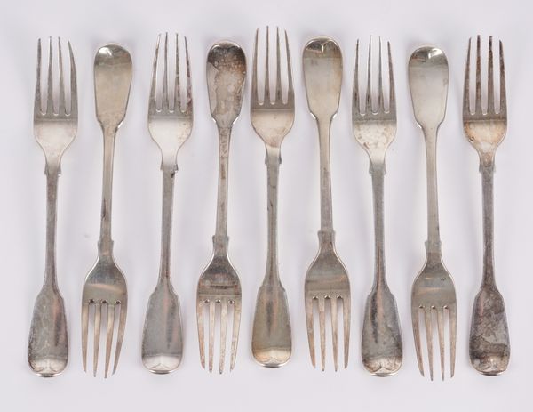 NINE SILVER FIDDLE PATTERN DESSERT FORKS (9)