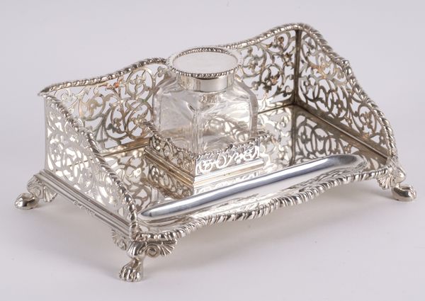 A VICTORIAN SILVER RECTANGULAR PEN AND INKSTAND